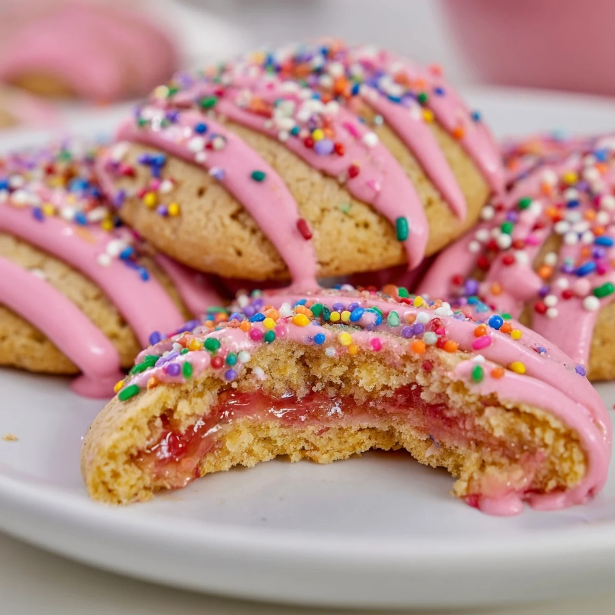 Buttery strawberry pop tart cookies oozing red jam filling under vanilla frosting coating