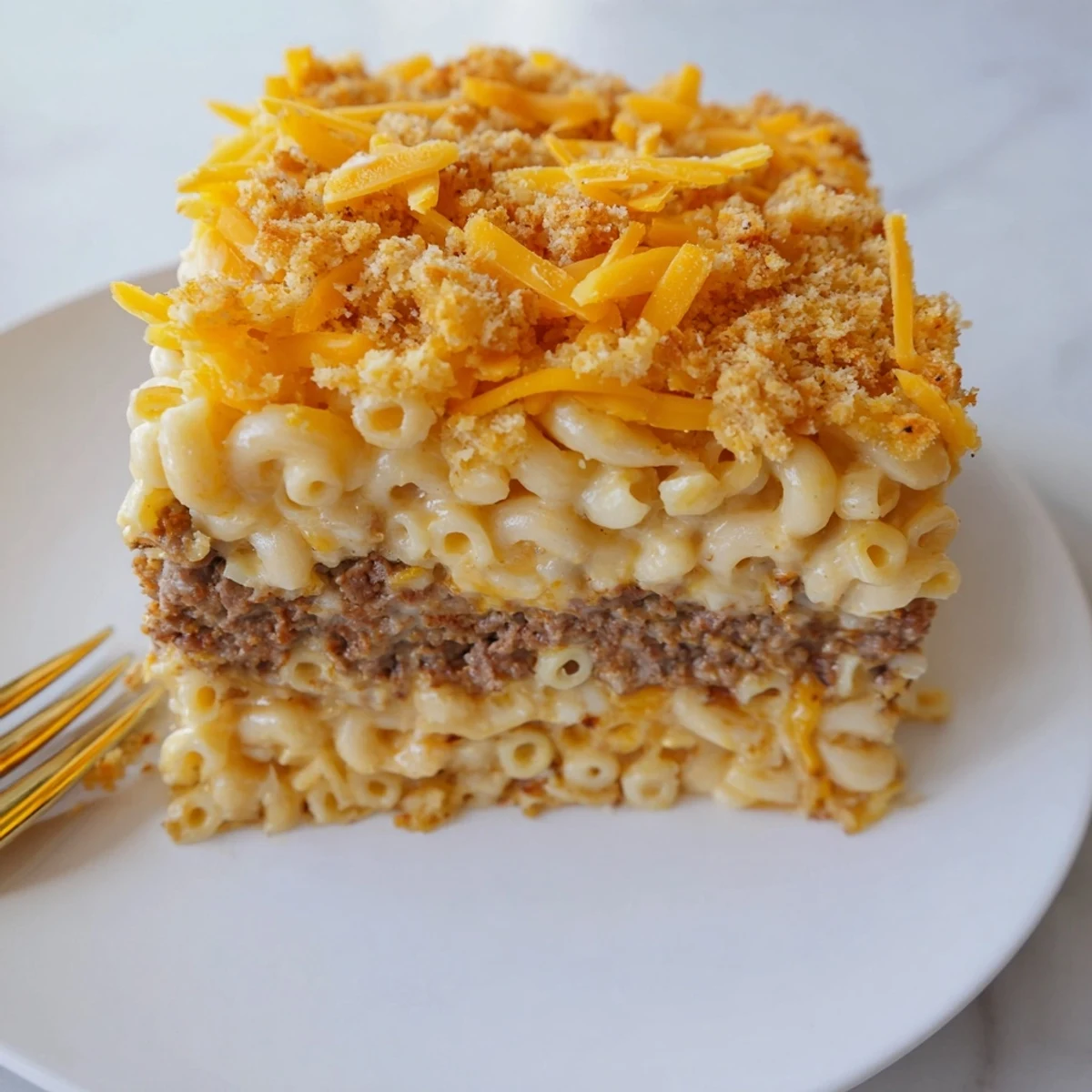 Savory meatloaf base topped with creamy macaroni in this indulgent Mac and Cheese Meatloaf Casserole