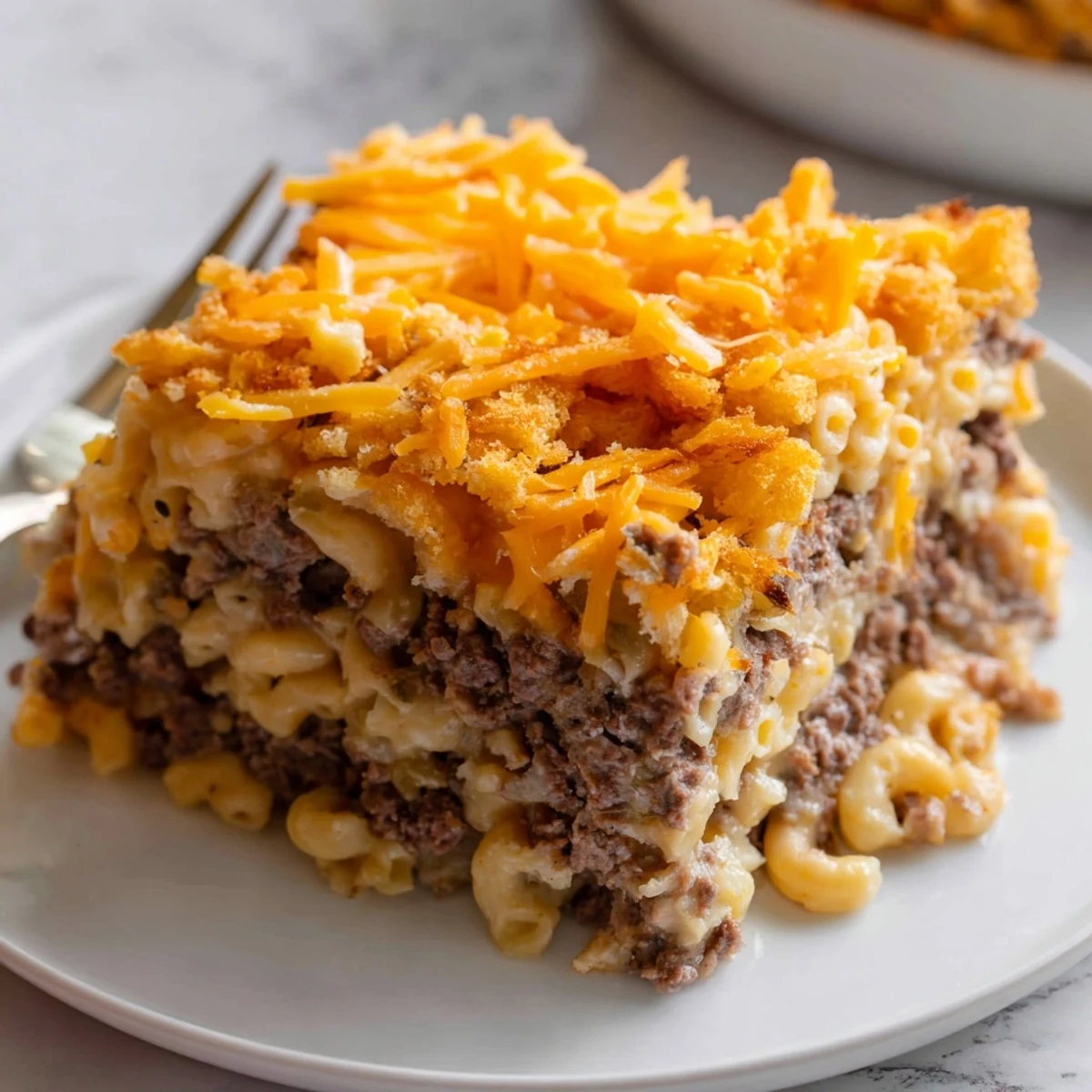 Hearty Mac and Cheese Meatloaf Casserole fresh from oven featuring melted cheddar over beef and pasta layers