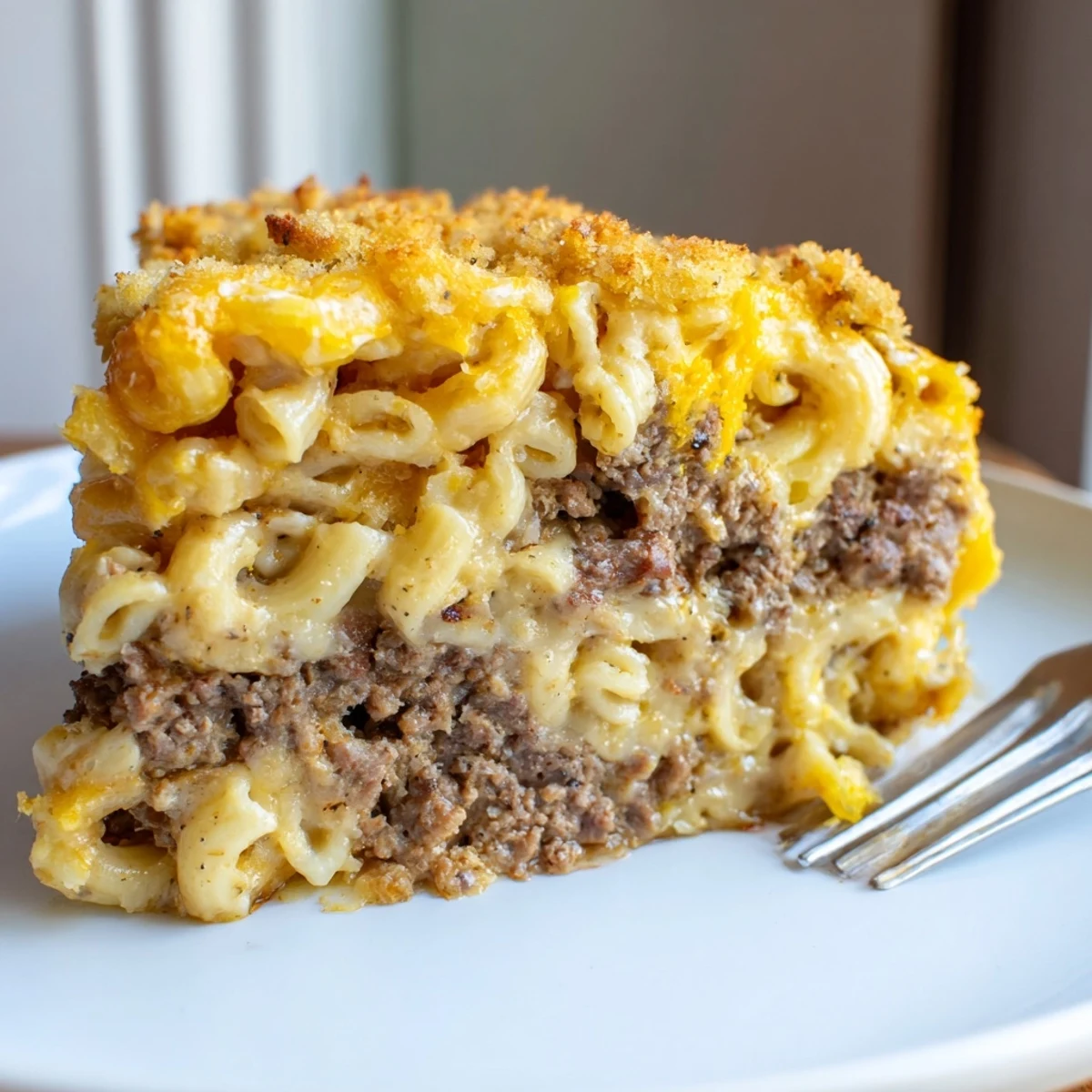 Golden baked Mac and Cheese Meatloaf Casserole with bubbling cheesy topping and crispy breadcrumb garnish