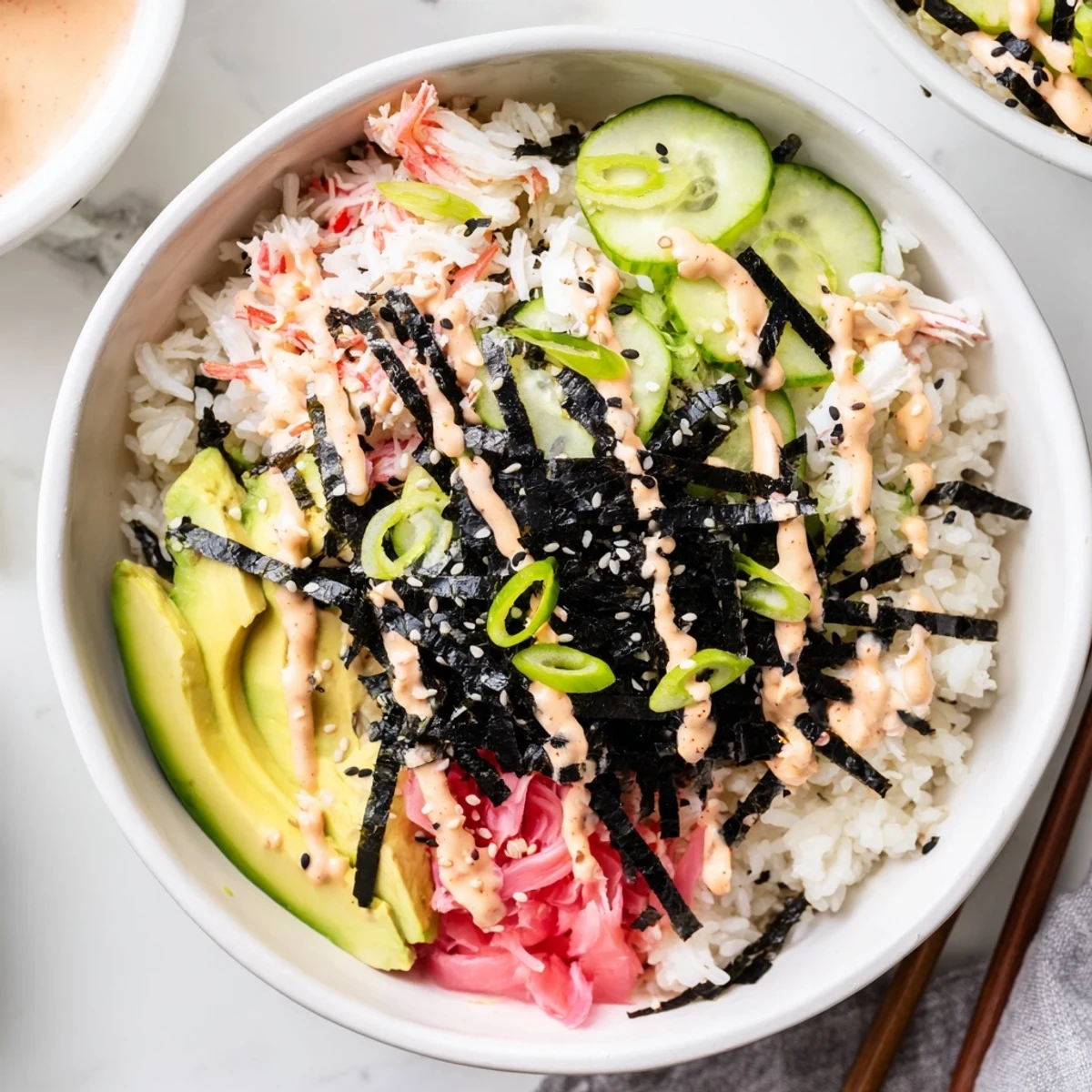 Colorful deconstructed California roll sushi bowl arranged with fresh diced vegetables, imitation crab, and toasted sesame seeds