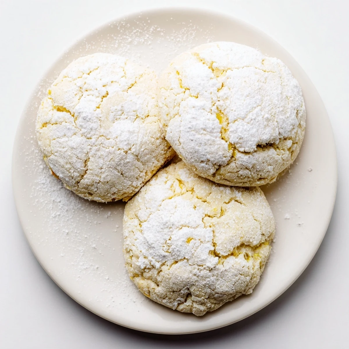 Golden chewy lemon cookies with crackled tops cooling on parchment paper after baking.