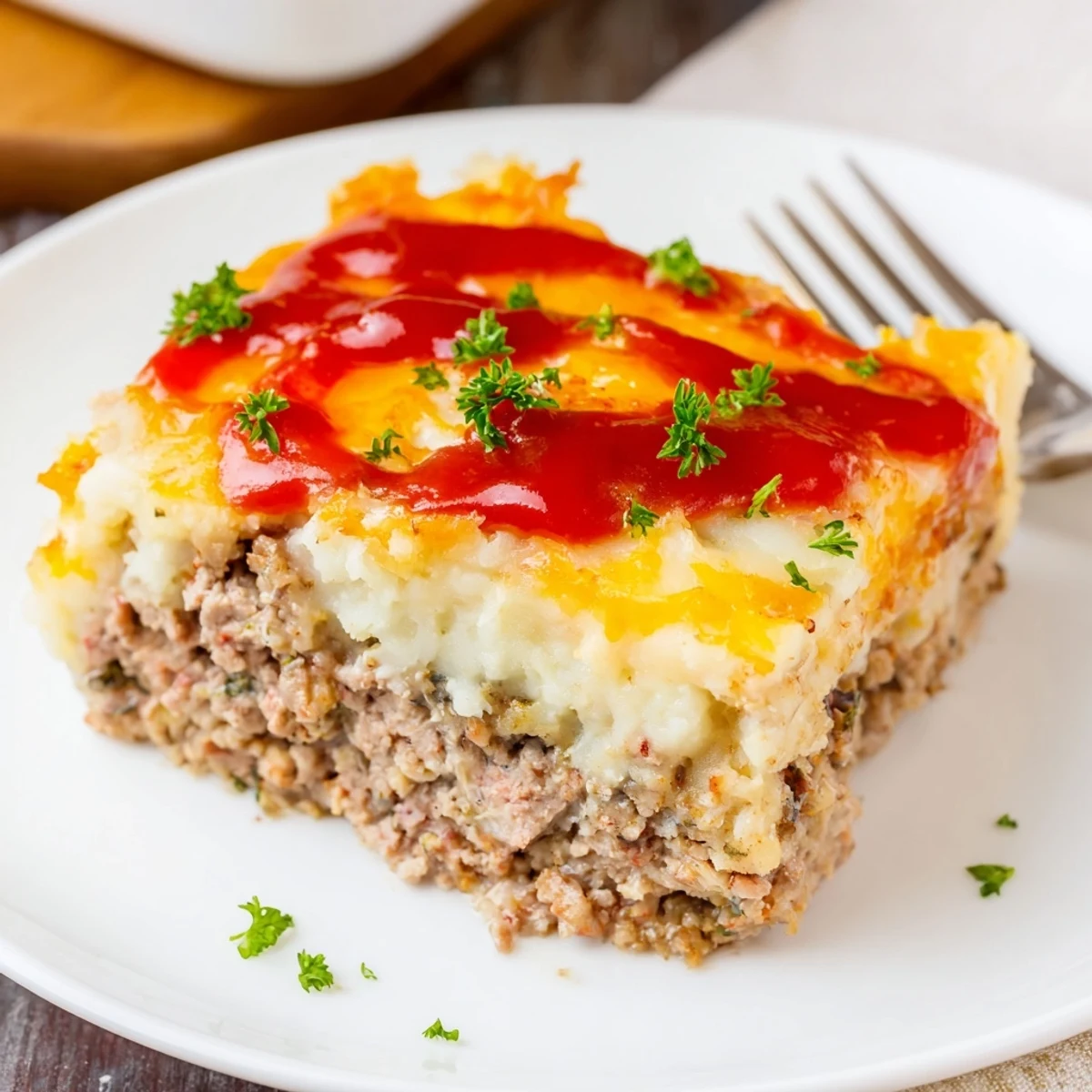 Meatloaf Casserole bubbling with golden cheddar, mashed potato peak, ready to serve