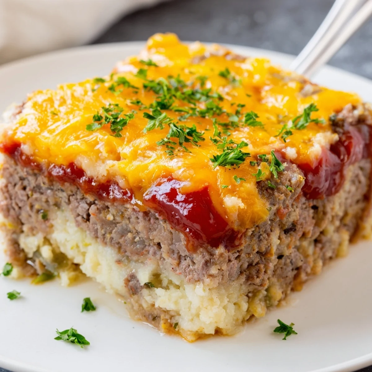 Warm Meatloaf Casserole topped with melted cheddar, parsley garnish, family dinner ready