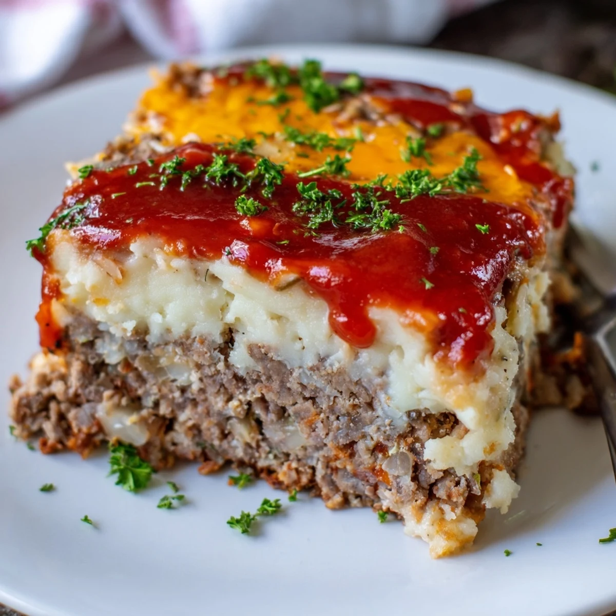 Hearty Meatloaf Casserole slice served with creamy mashed potatoes and steamed green beans