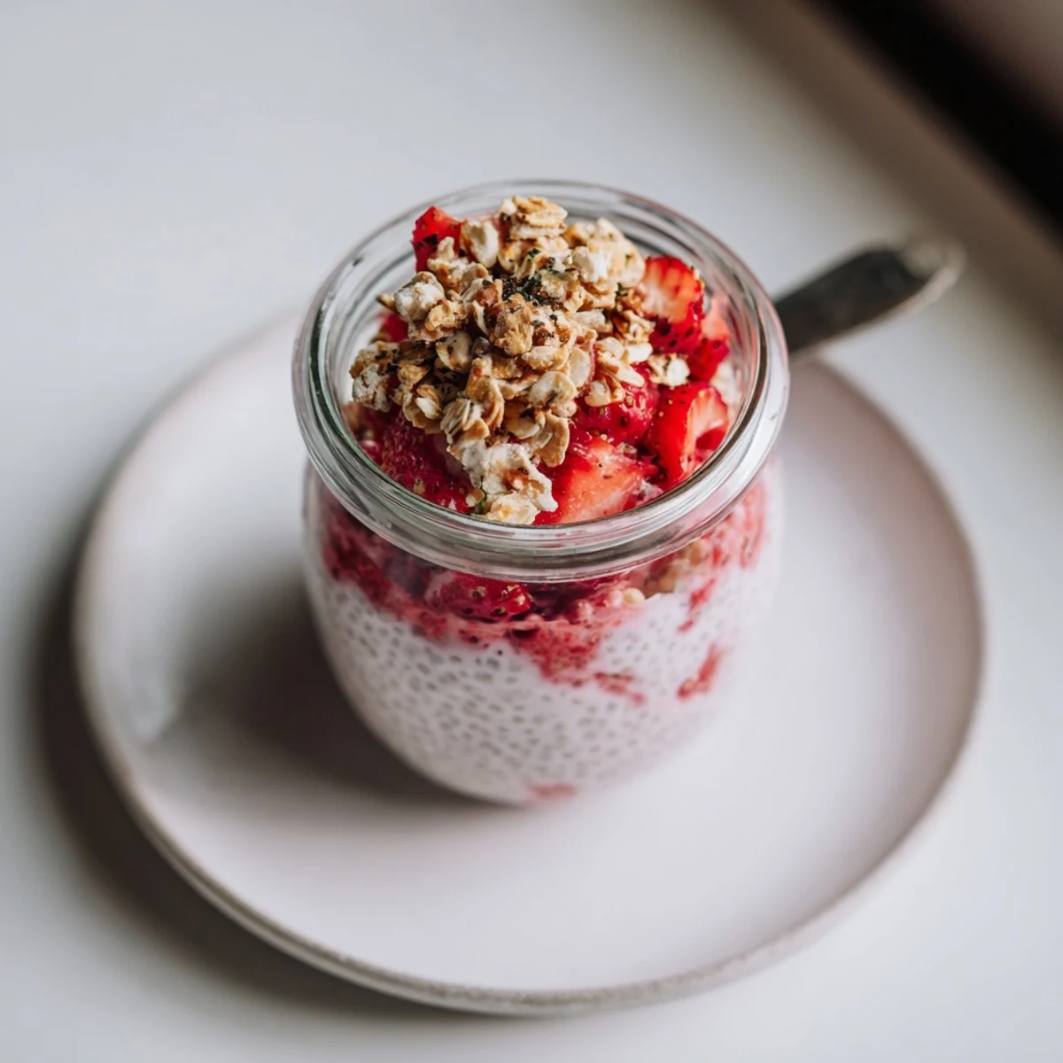 Strawberry Crumble Chia Pudding in glass jars, creamy layers and crunchy topping