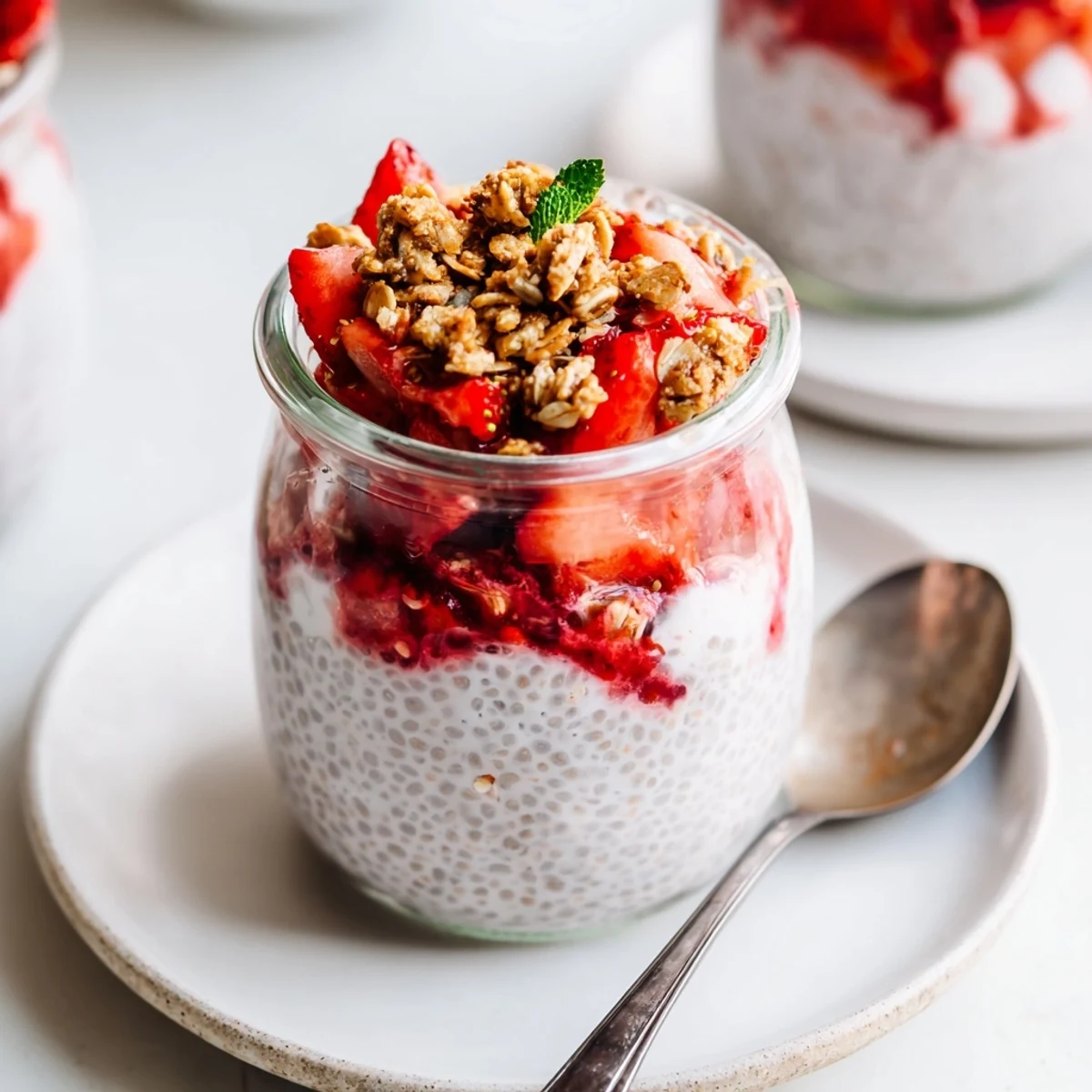 A chilled Strawberry Crumble Chia Pudding with bright strawberries and oat crumble
