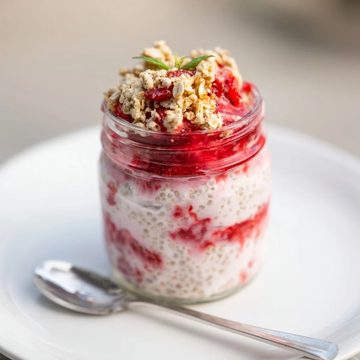 Serve Strawberry Crumble Chia Pudding for breakfast, silky chia, tangy berries, crisp crumble
