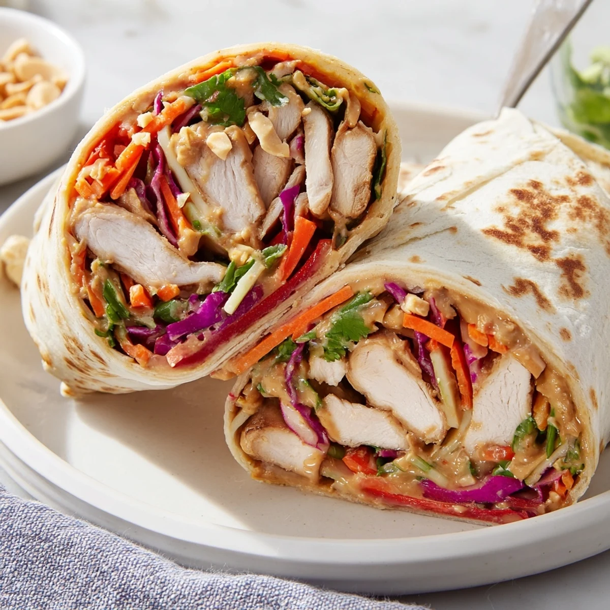 Thai Peanut Chicken Wraps with creamy sauce, crisp vegetables, sliced and ready