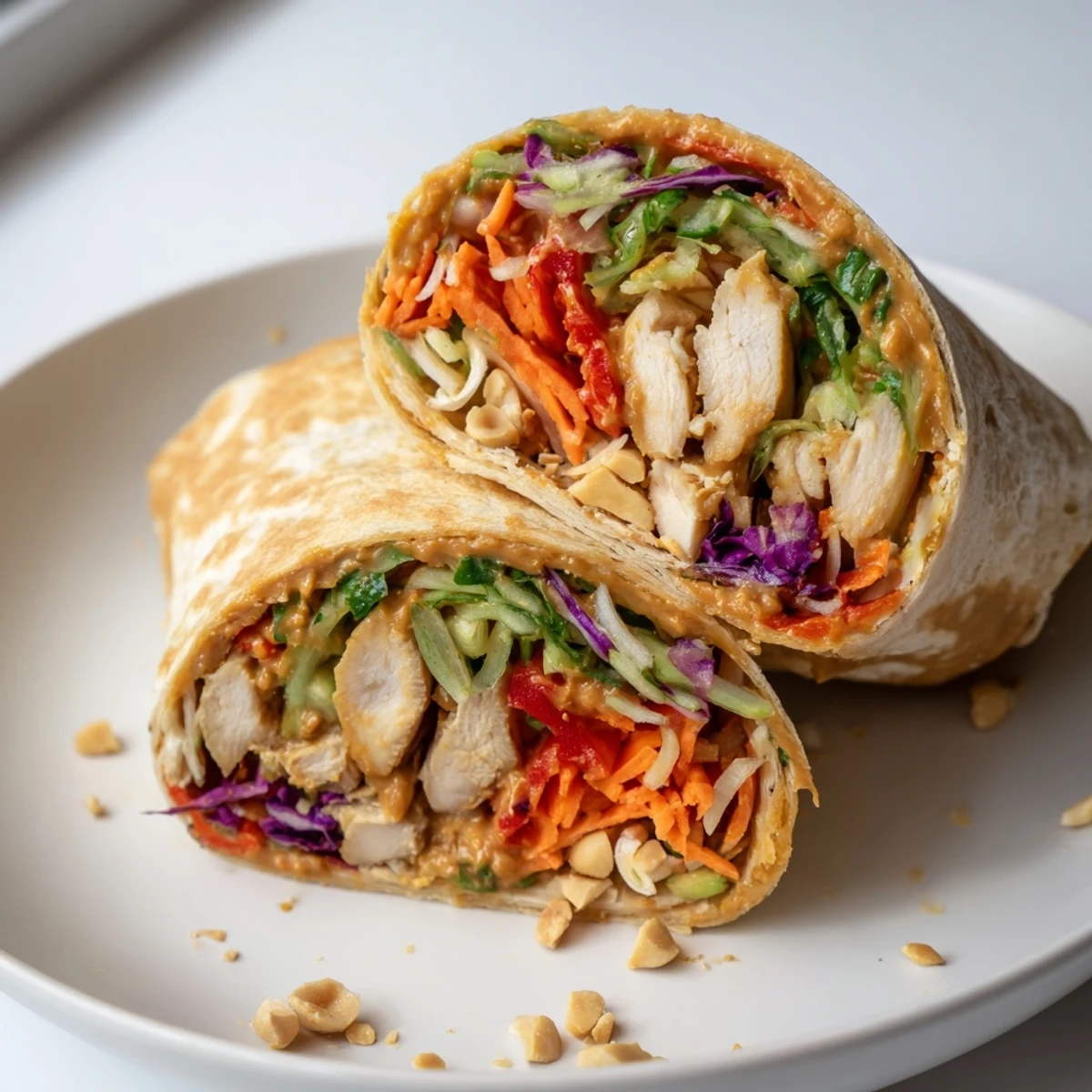 Warm Thai Peanut Chicken Wraps piled on plate, cilantro and lime