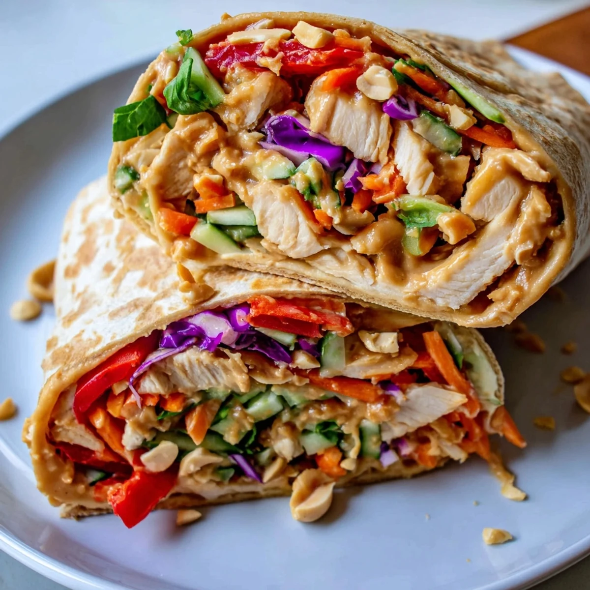 Handheld Thai Peanut Chicken Wraps bursting with tangy peanut flavor, crunchy cabbage