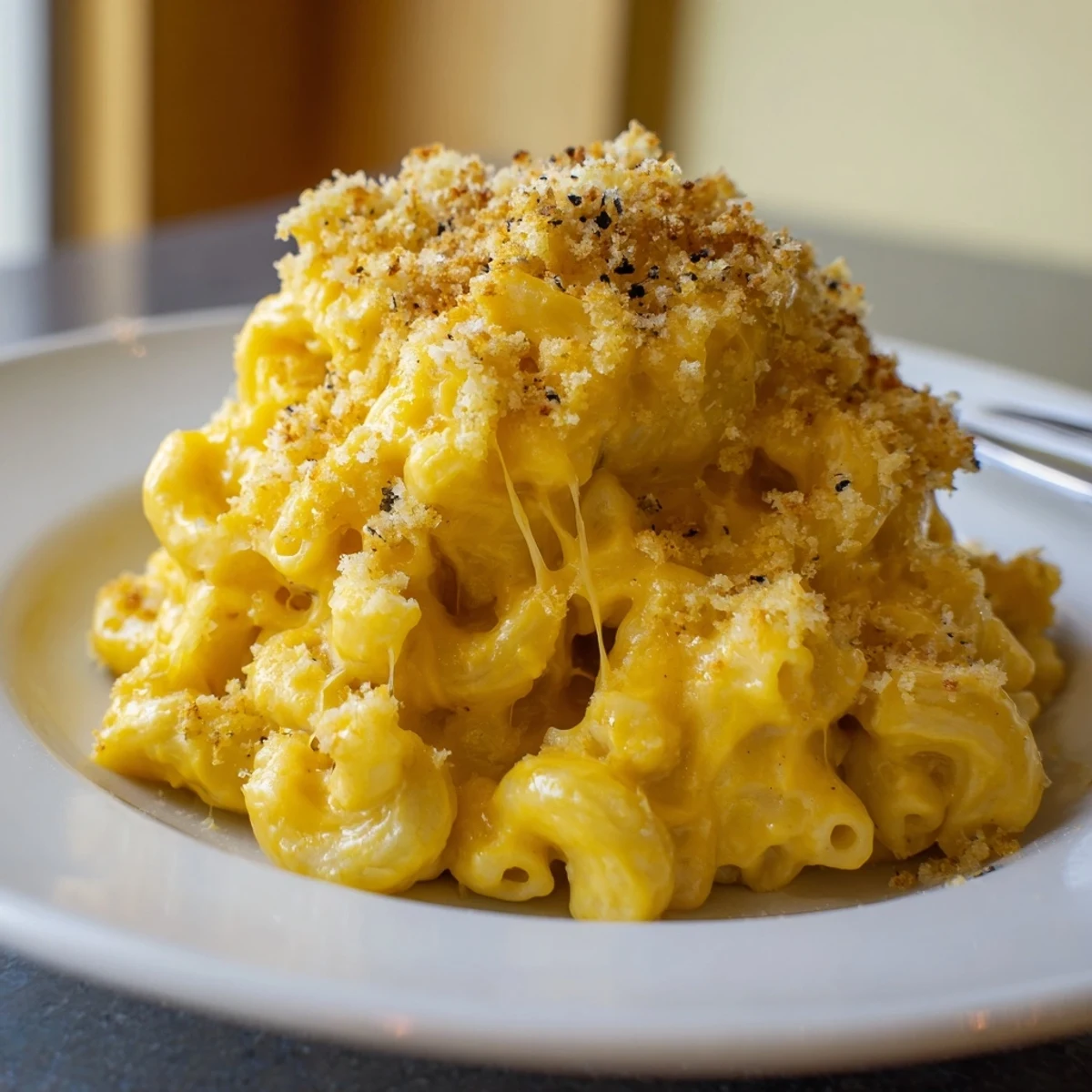 Velvety Mac And Cheese spooned onto plate, steam rising, sharp cheddar aroma.