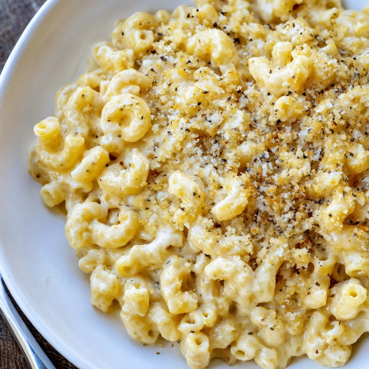 Spoonful of Mac And Cheese pulled from skillet, creamy strands stretching.