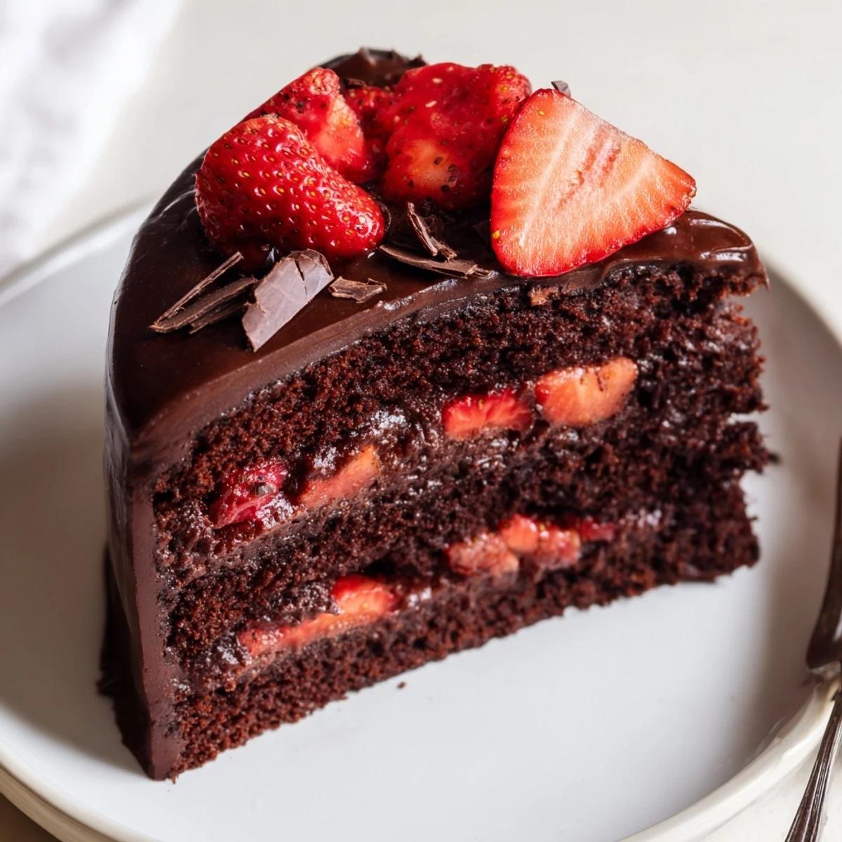 Strawberry Chocolate Cake layered with glossy ganache, fresh berries, and chocolate shavings
