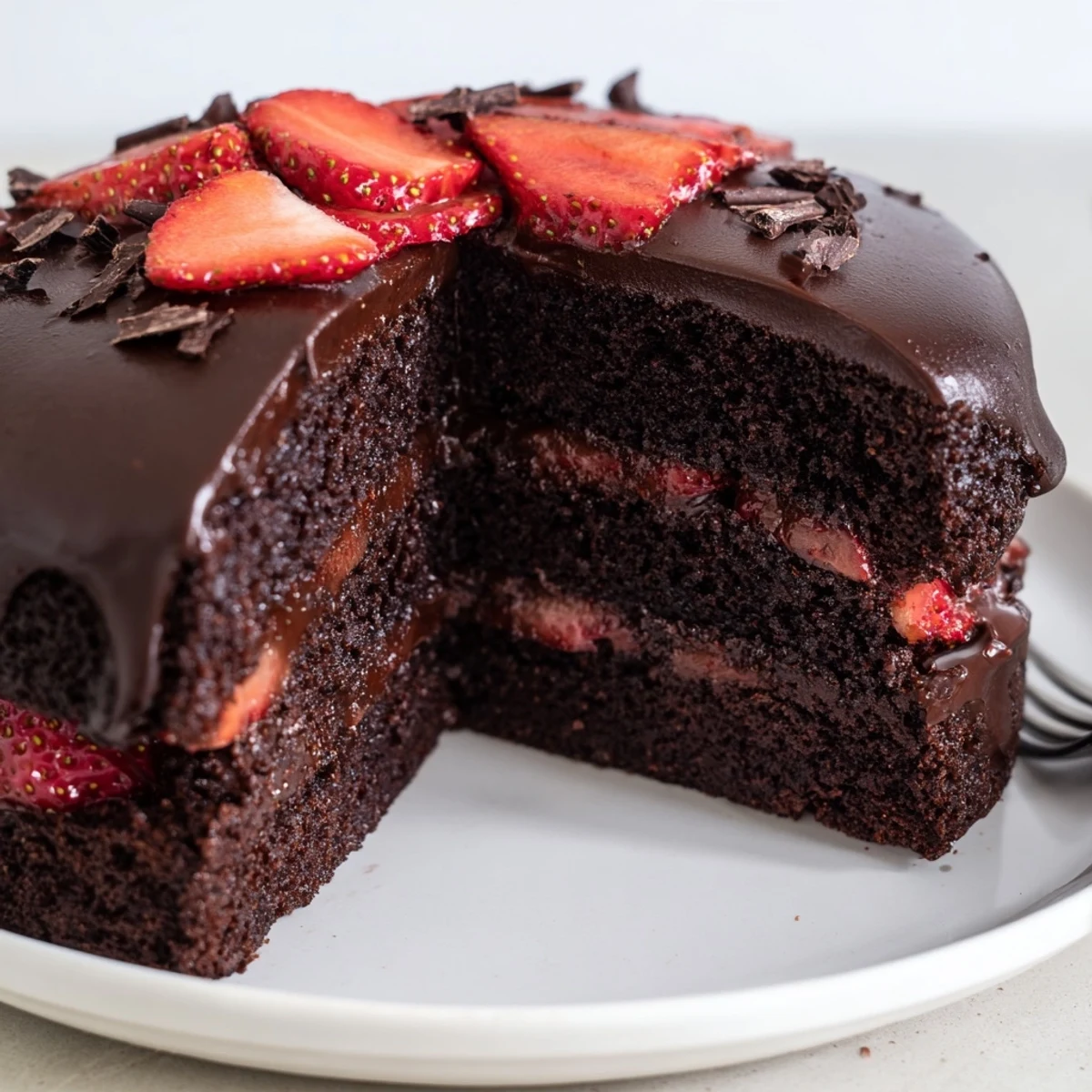 Fork-ready Strawberry Chocolate Cake plated for celebration, chilled for neat, clean slices