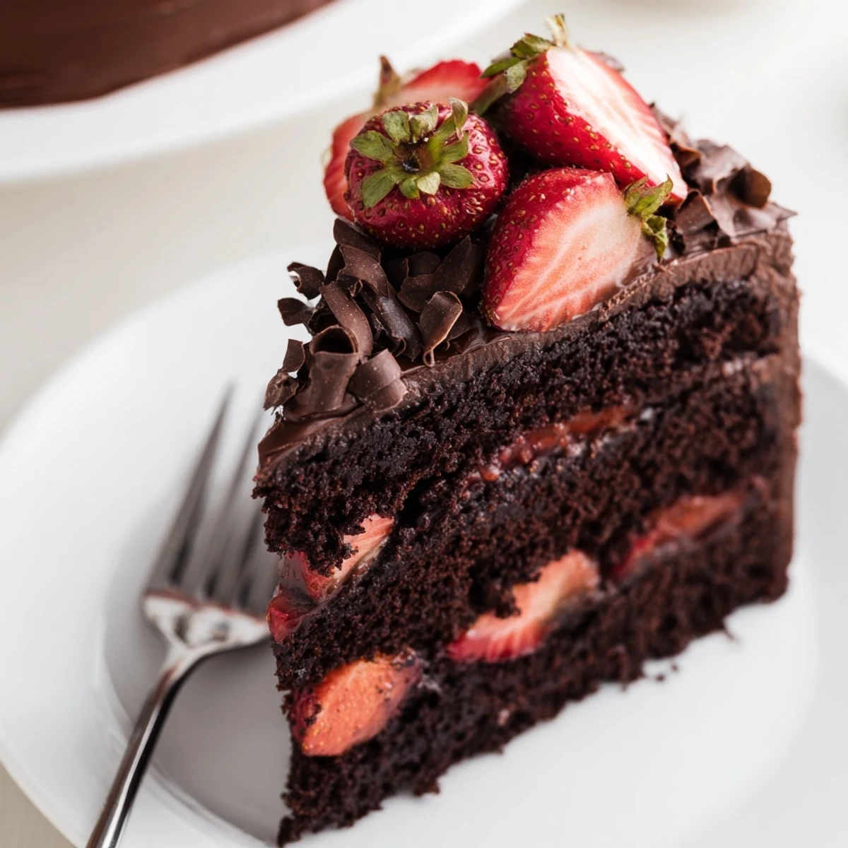 Slice of Strawberry Chocolate Cake revealing moist chocolate crumb and strawberry filling