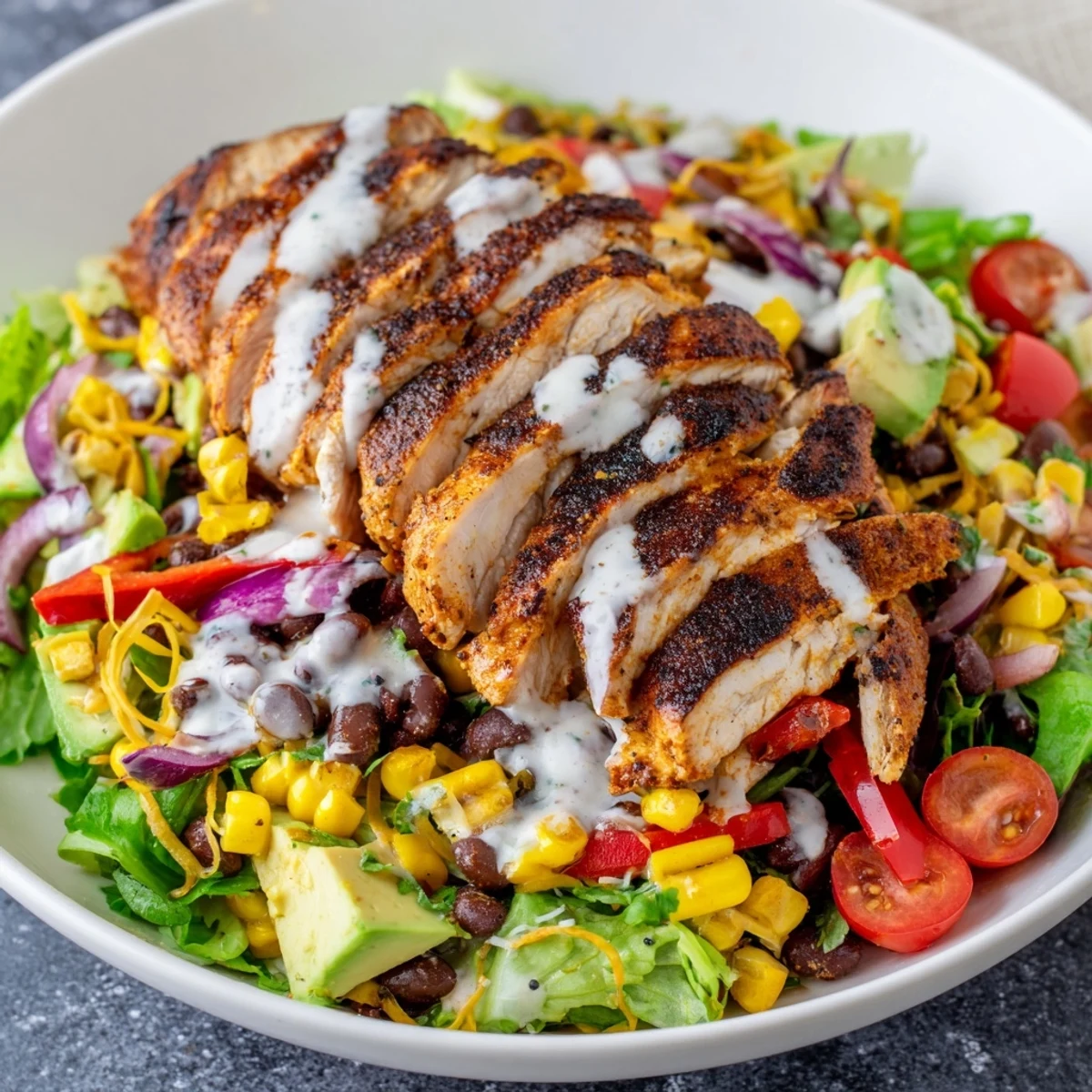 Southwestern Chicken Salad featuring roasted corn, black beans, creamy avocado slices