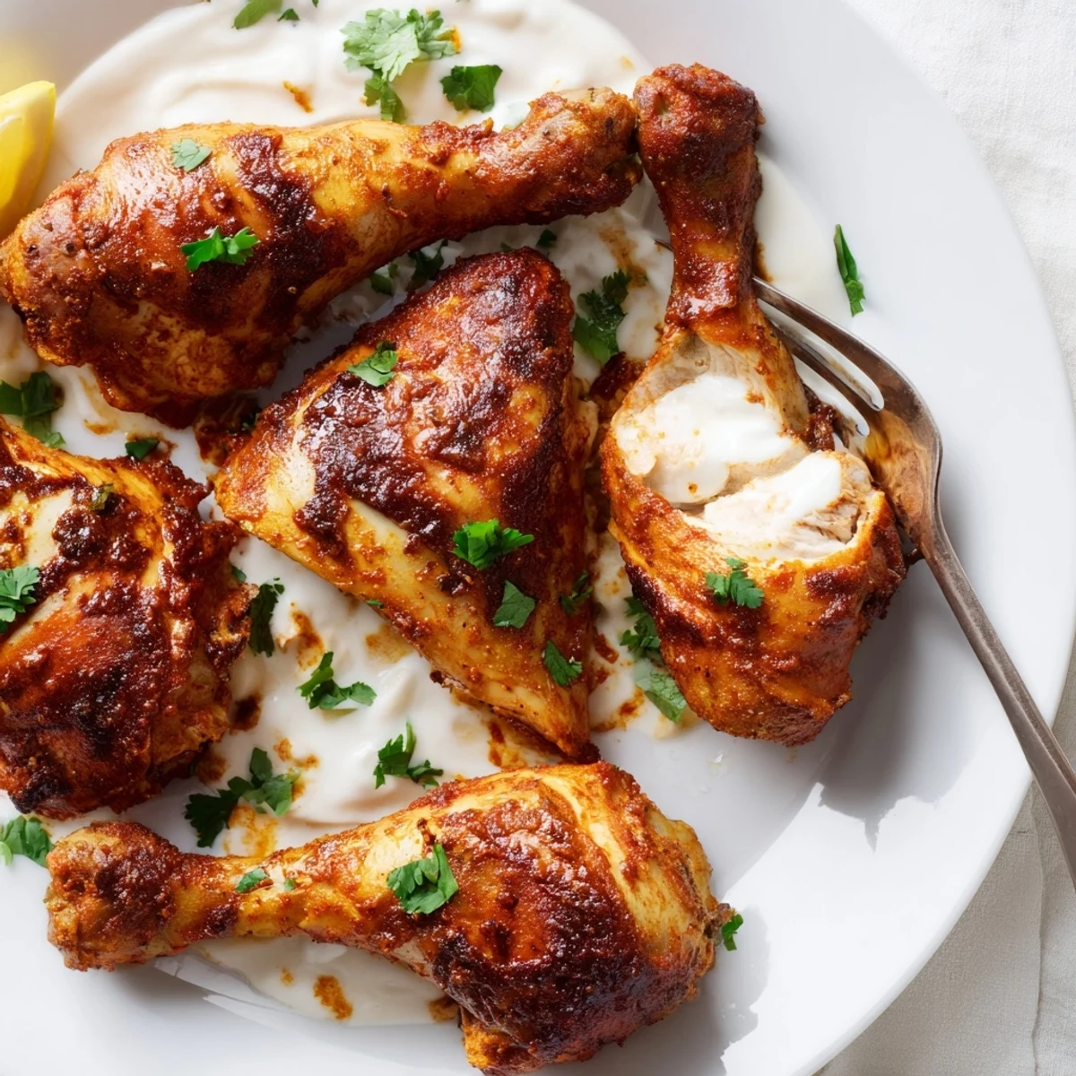 Tandoori Chicken roasted to smoky char, garnished with cilantro and lemon