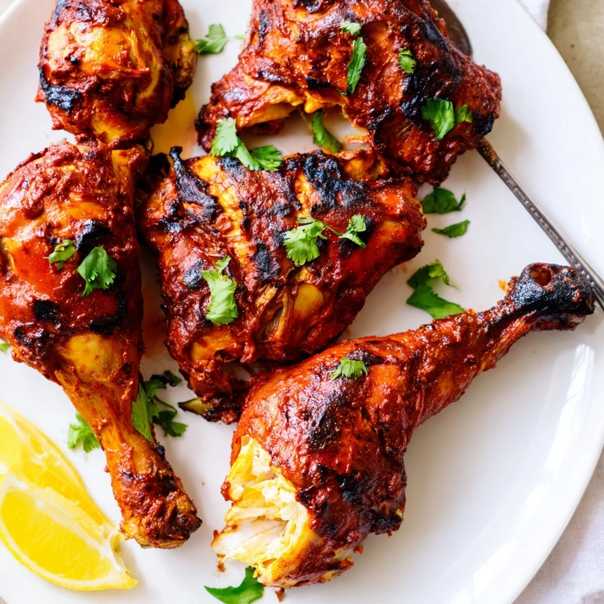 Juicy Tandoori Chicken marinated in yogurt and spices, resting on naan