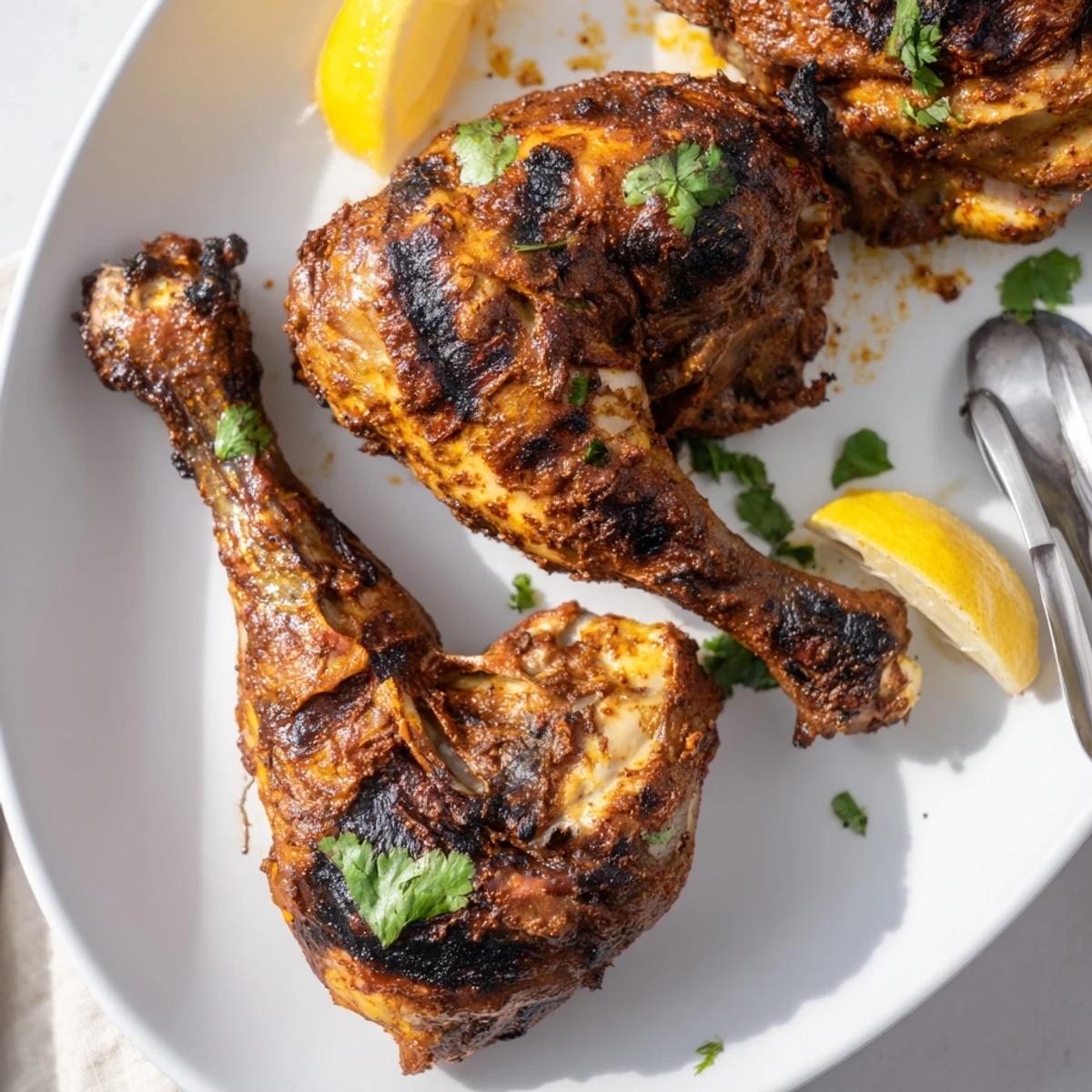 Charred Tandoori Chicken pieces sizzling on a grill, lemon wedges nearby