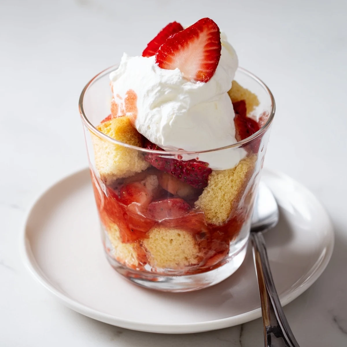 Strawberry Shortcake Trifles layered in glass with juicy berries and whipped cream