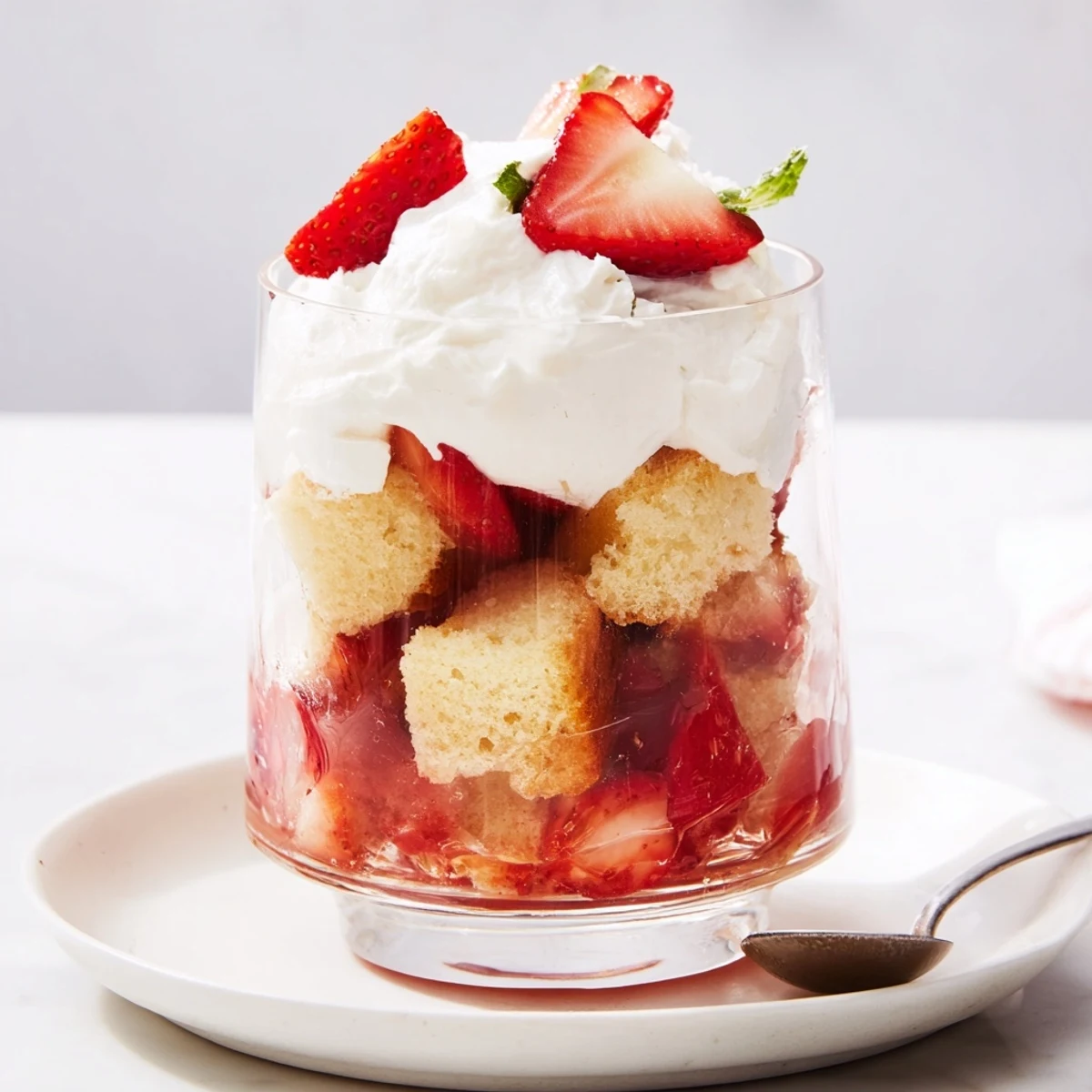Chilled Strawberry Shortcake Trifles garnished with mint, served in small mason jars