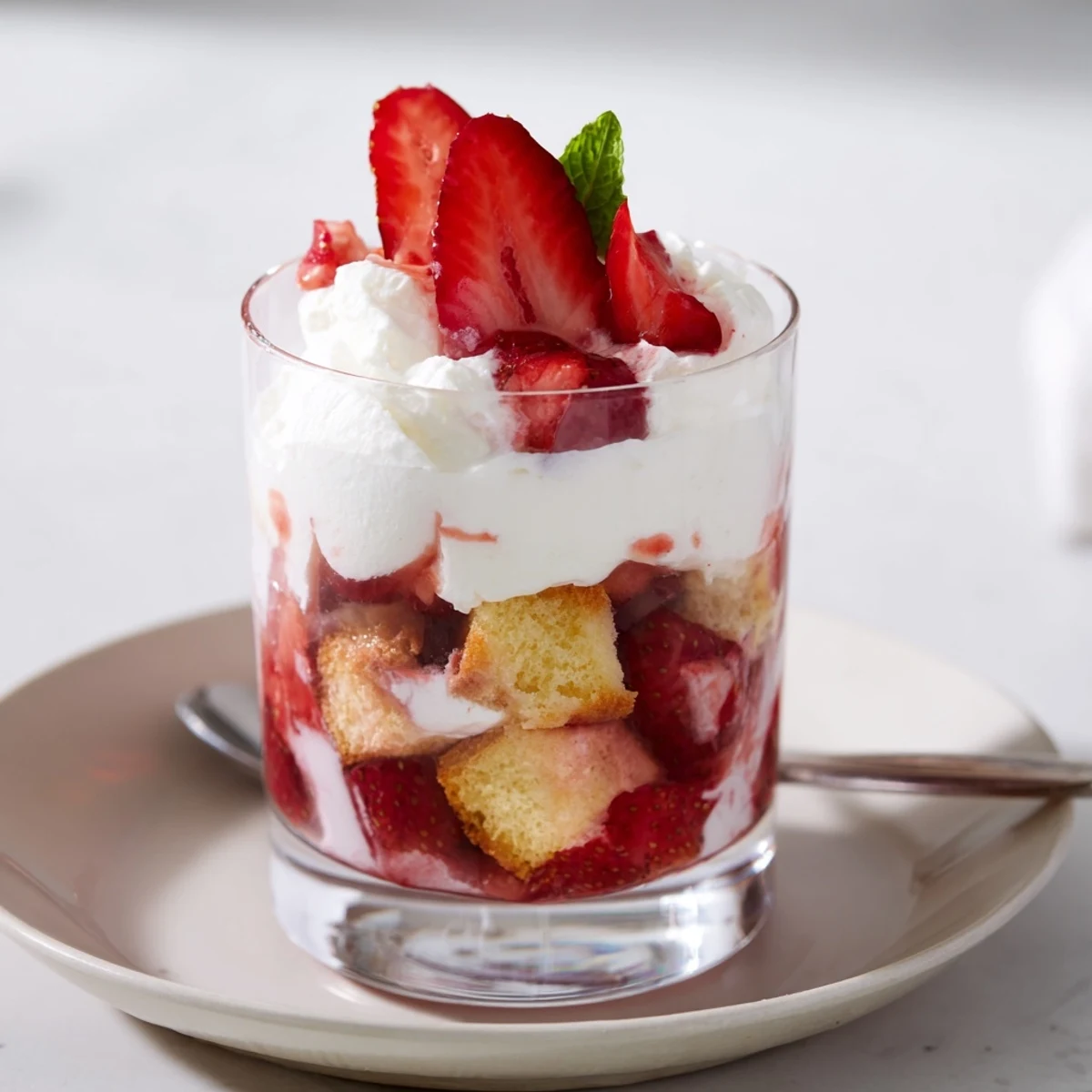Individual Strawberry Shortcake Trifles showing golden shortcake, macerated strawberries, and fluffy cream