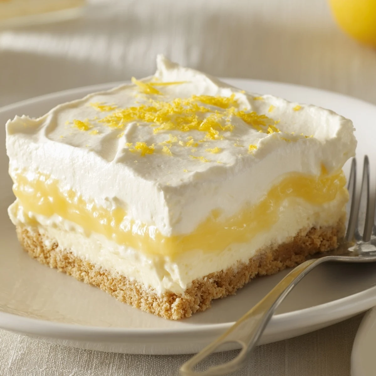 Lemon Lush Cake with fluffy whipped topping and bright lemon zest garnish