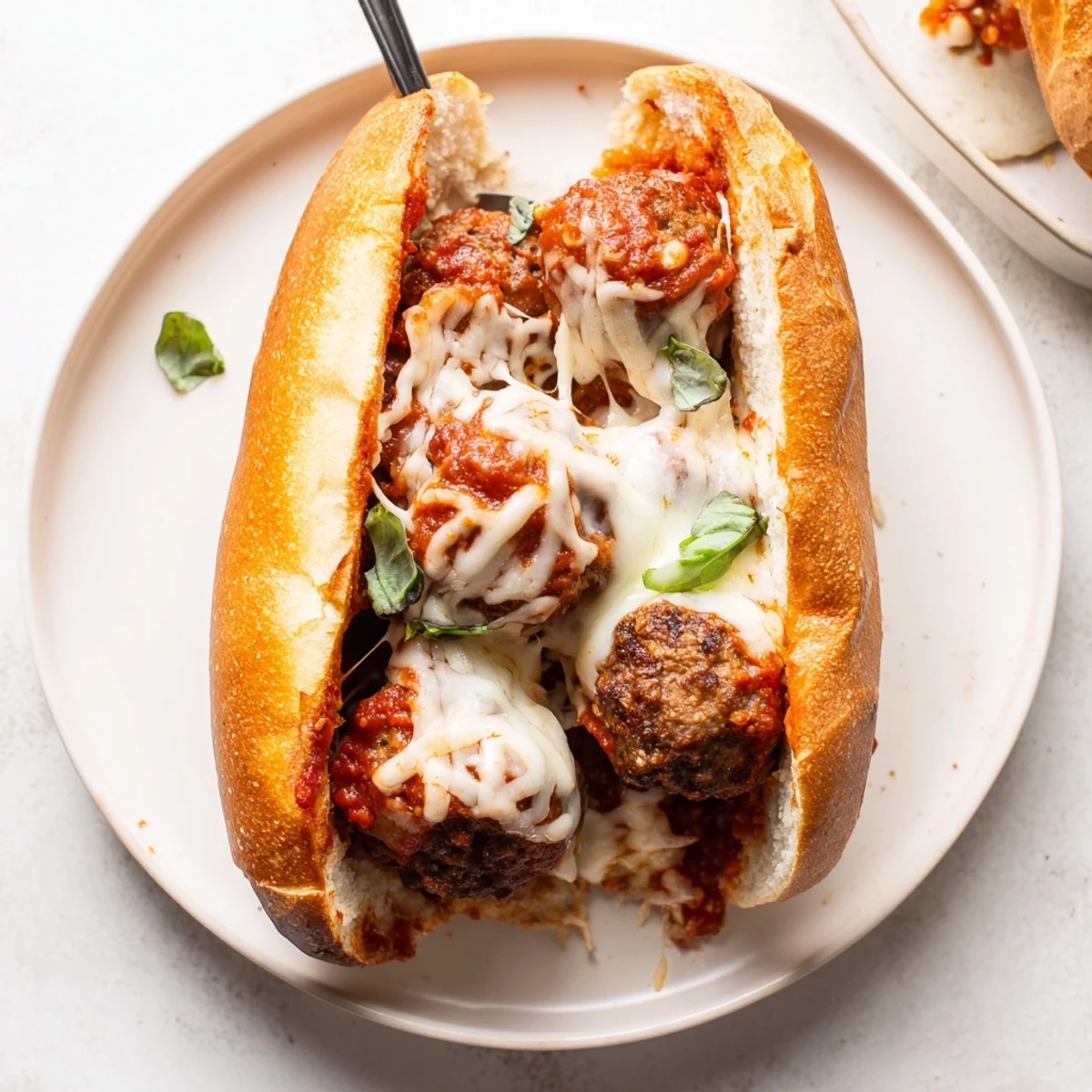 Family-style Cheesy Meatball Subs served hot with crisp salad and potato chips