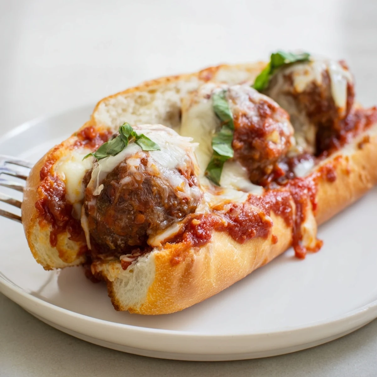 Stacked Cheesy Meatball Subs showing juicy meatballs, fresh basil garnish, melted cheese