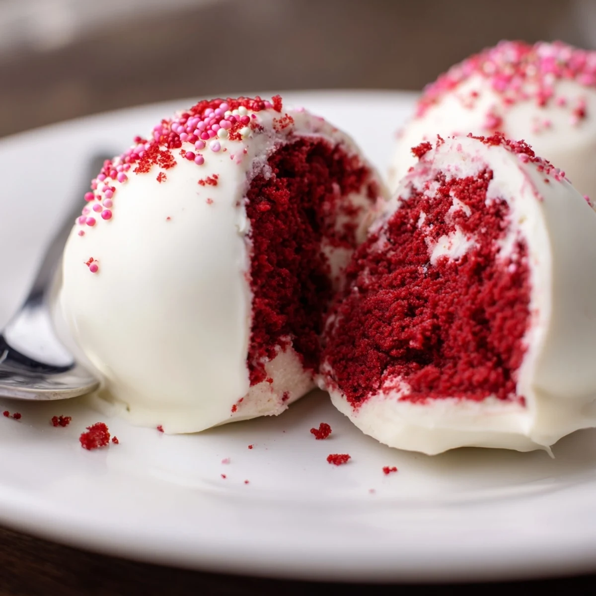 Red Velvet Cheesecake Balls displayed on parchment, glossy chocolate coating and crumbs.  