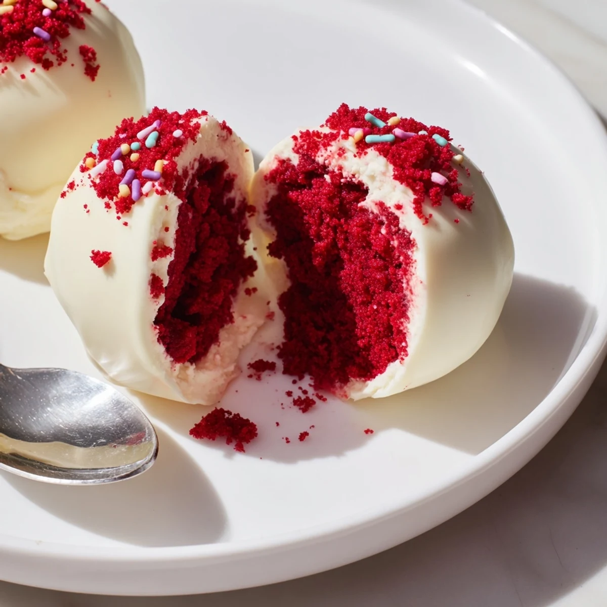 Bite-sized Red Velvet Cheesecake Balls chilled, smooth cream cheese centers and sprinkles.