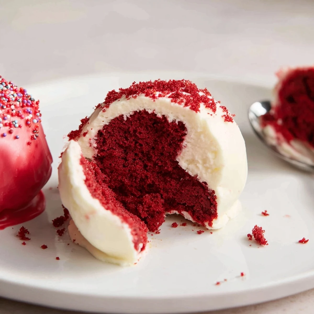 Red Velvet Cheesecake Balls arranged on a party platter, sprinkled with red crumbs.  
