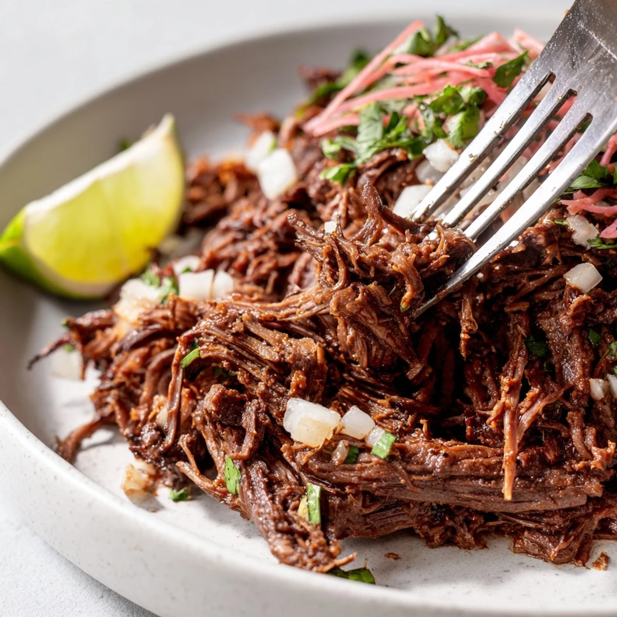 Slow Cooker Beef Barbacoa piled on warm tortillas, steaming, tender, smoky