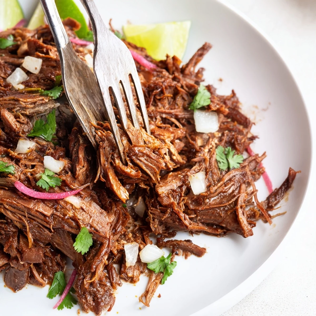 Heaping Slow Cooker Beef Barbacoa bowl with cilantro, lime wedges, juicy shreds