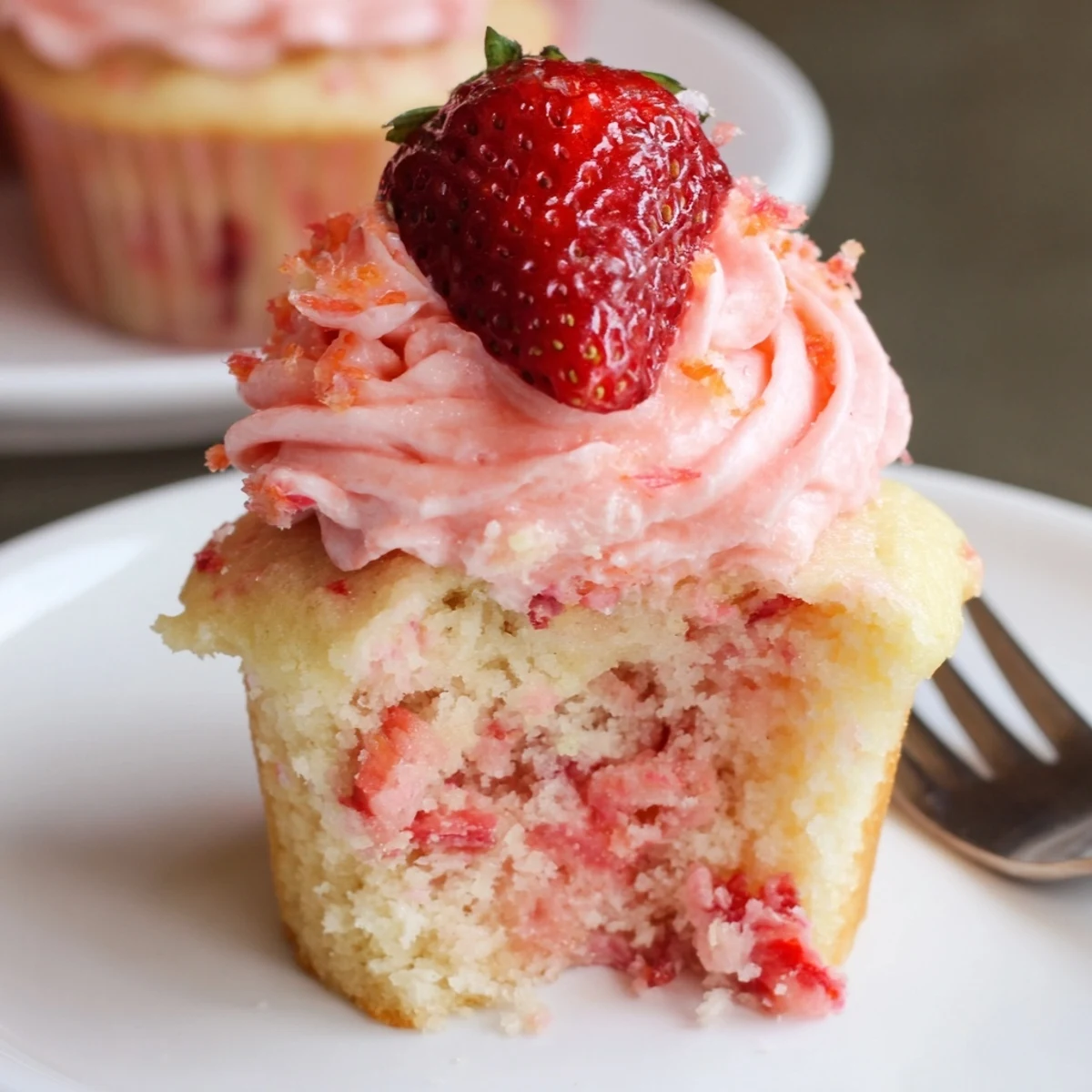 Moist Strawberry Lemonade Cupcakes topped with zesty buttercream and fresh strawberries