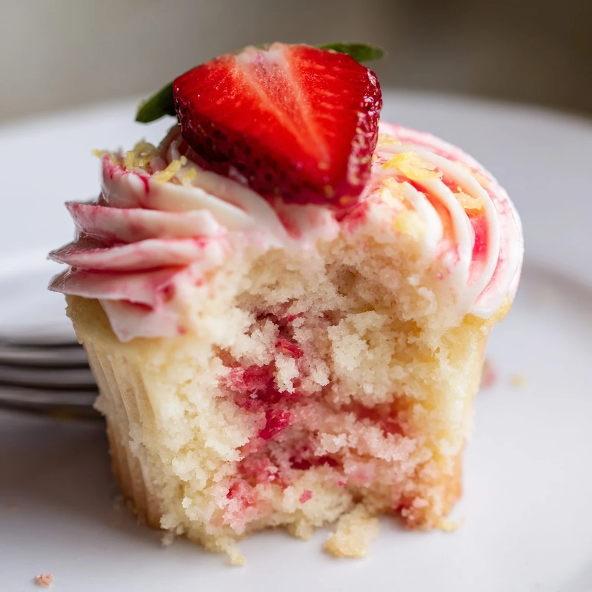 Plated Strawberry Lemonade Cupcakes with lemon zest sprinkle, tart-sweet summer aroma