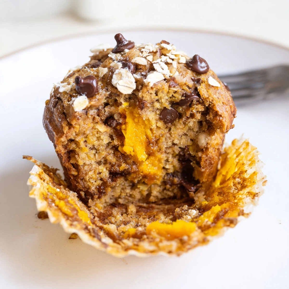 Warm Butternut Squash Banana Muffins in paper liners, fragrant cinnamon and nutmeg