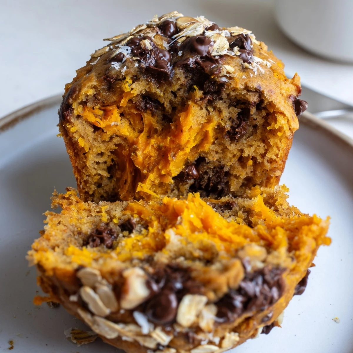 Butternut Squash Banana Muffins piled on plate with toasted walnuts, soft crumb