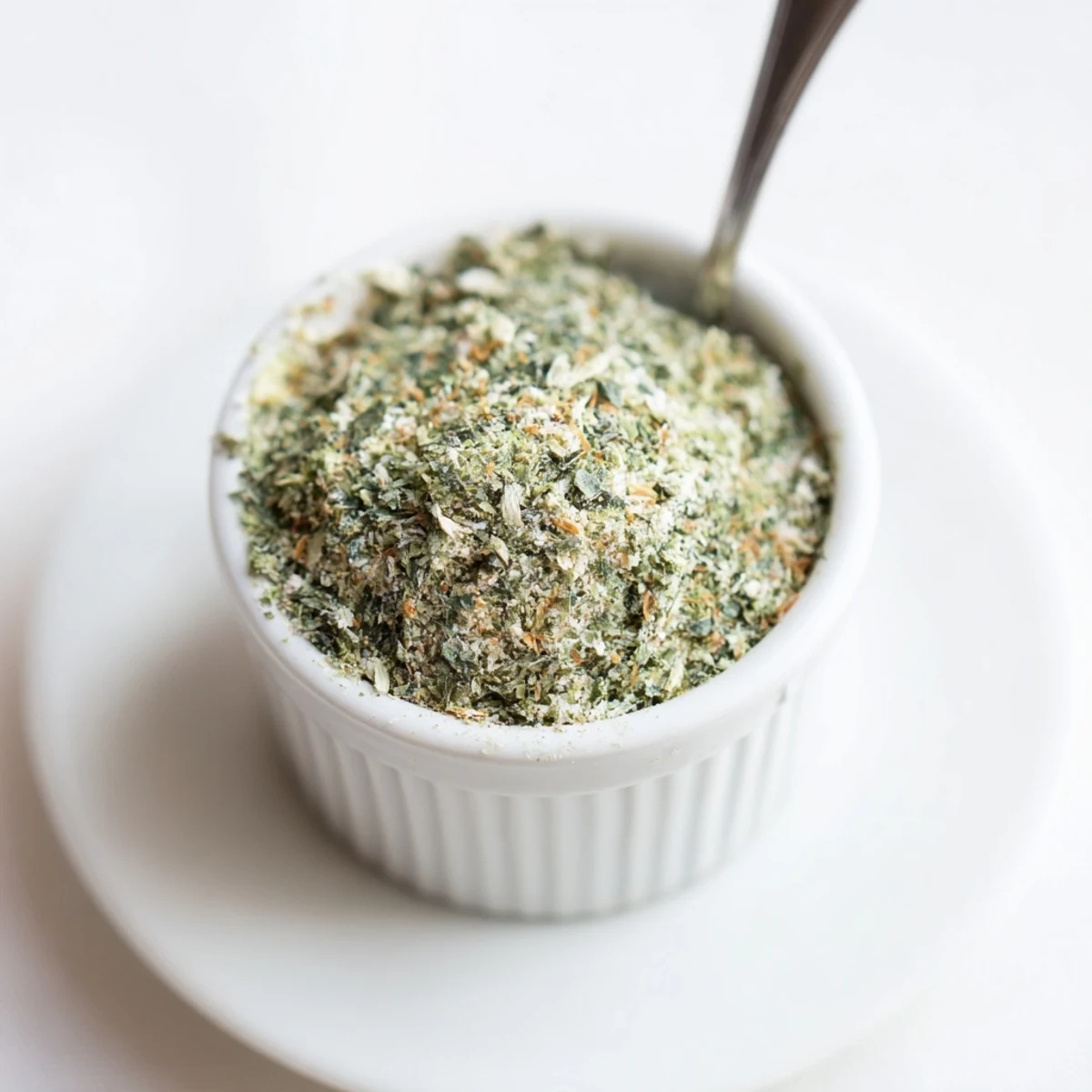 Small bowl of Dehydrated Tzatziki Seasoning Mix beside grilled chicken and lemon