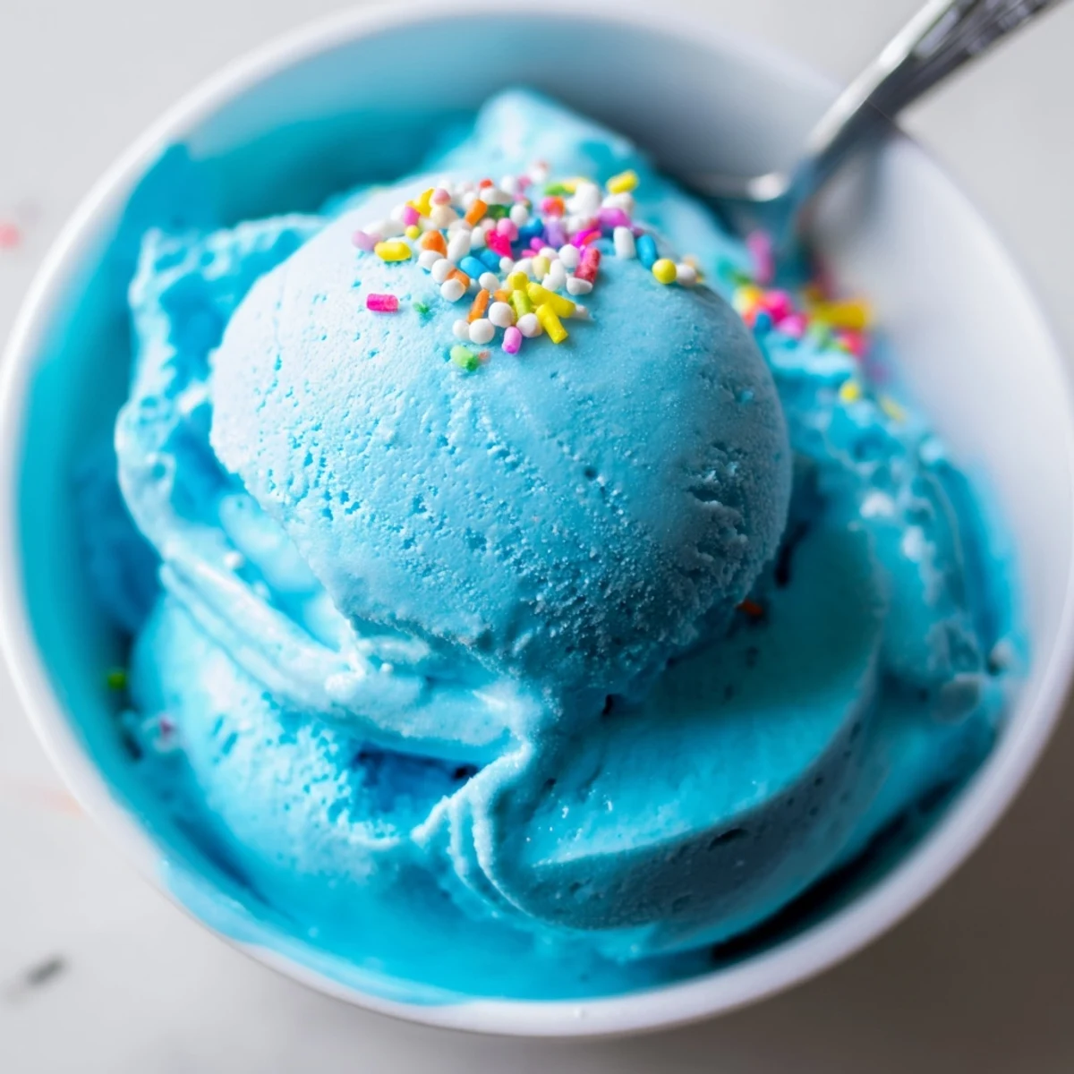 Creamy Blue Moon ice cream scooped into a crispy waffle cone with rainbow sprinkles