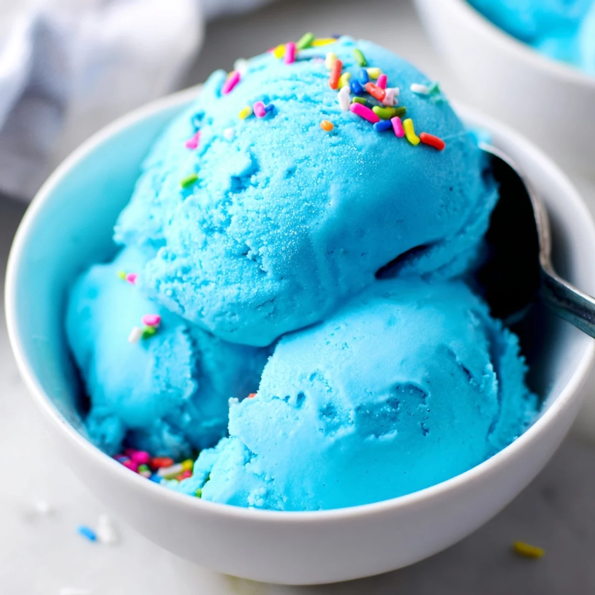 Vibrant blue moon ice cream served in a bowl showing its smooth velvety custard texture