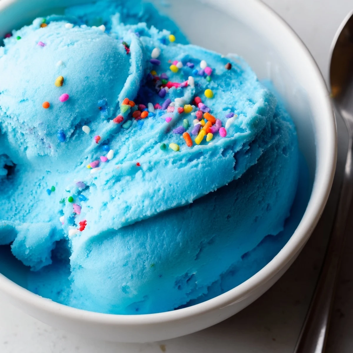 Bright blue moon ice cream dripping slightly down a golden sugar cone on a sunny day