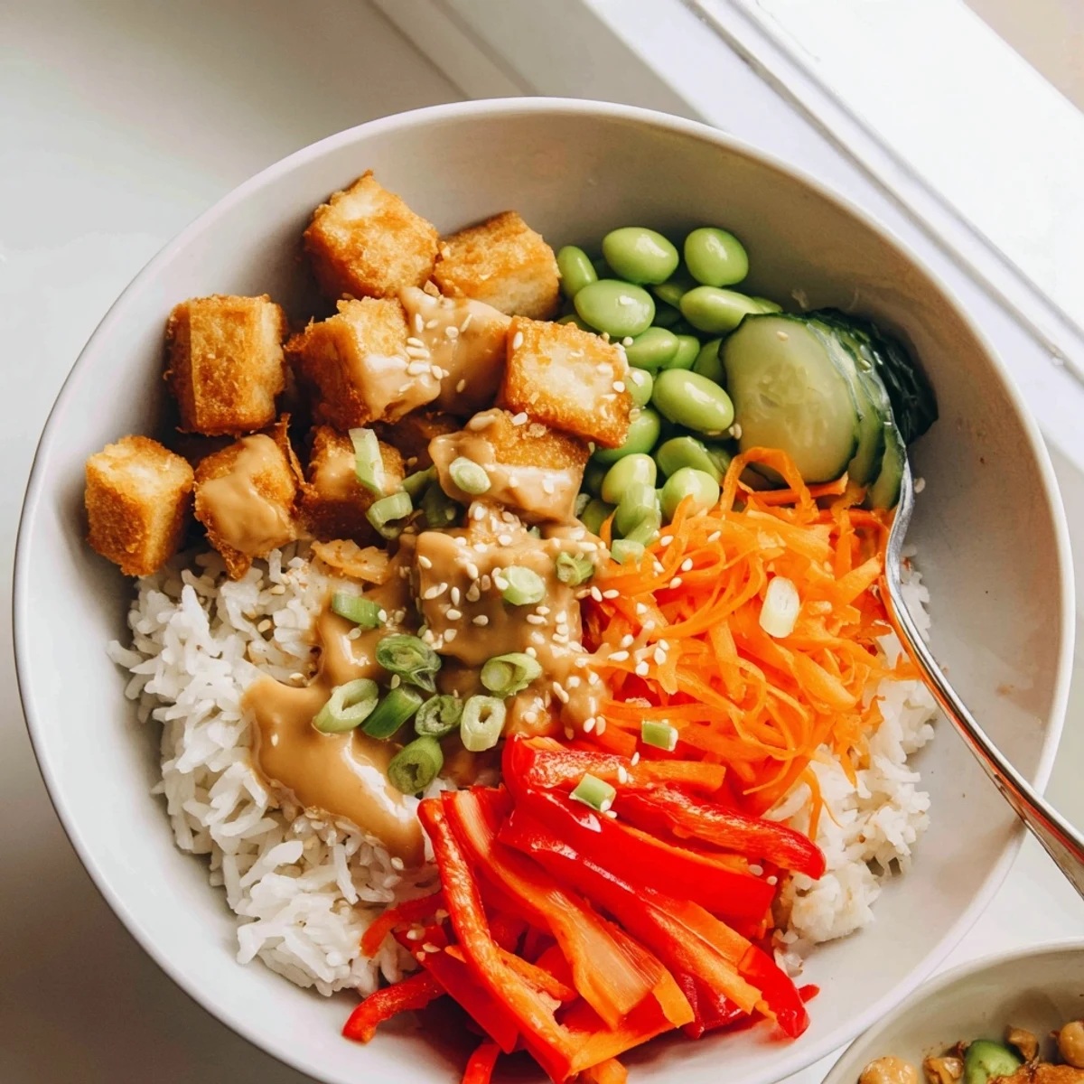 Tofu rice bowl with peanut sauce topped with crunchy sesame seeds and shredded carrots