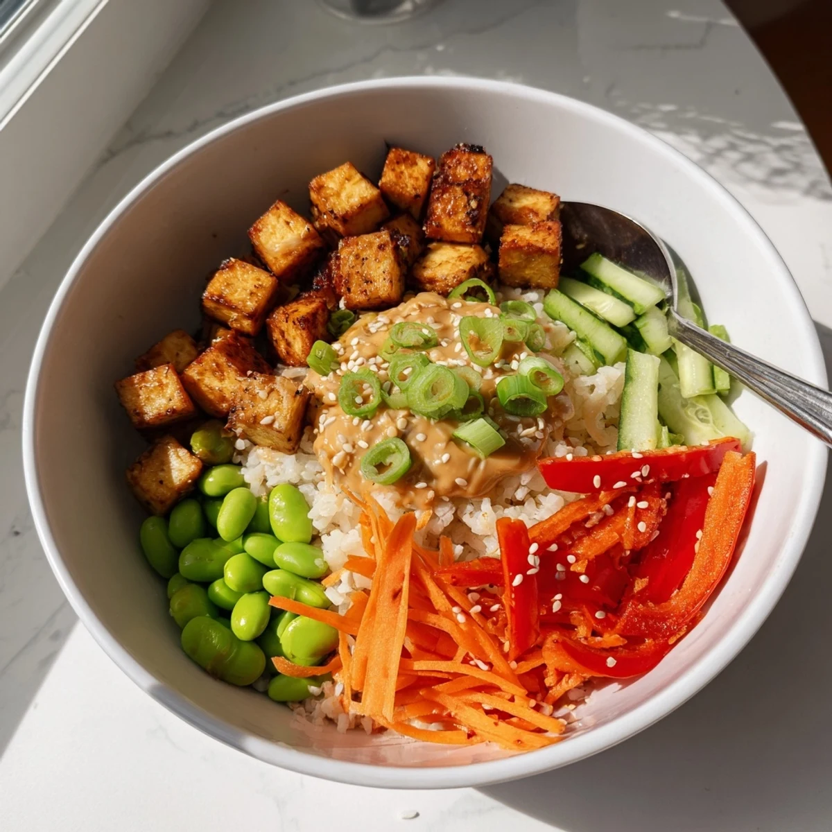 Crispy golden tofu rice bowl with peanut sauce drizzled over colorful fresh vegetables