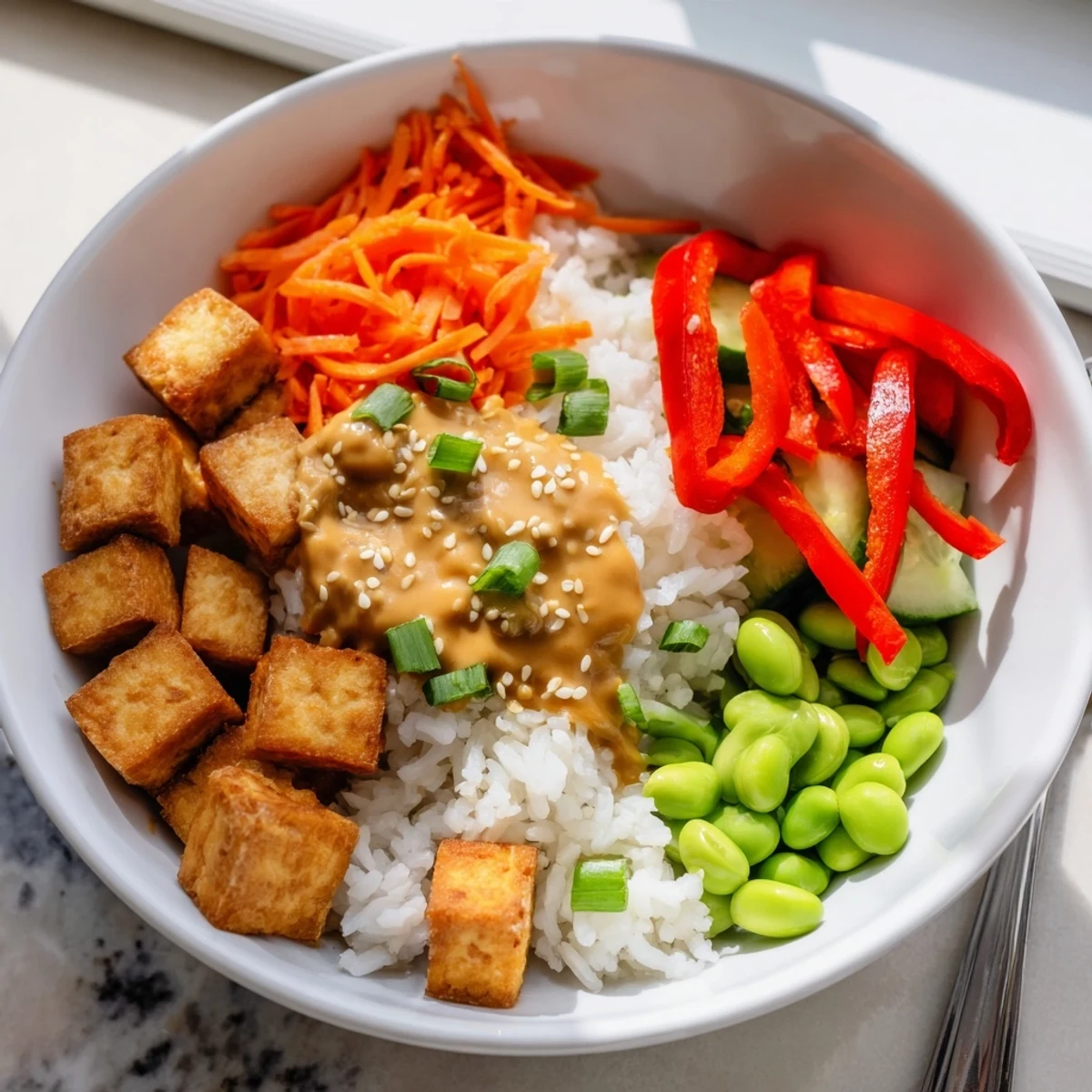 Steaming tofu rice bowl with peanut sauce garnished with sliced cucumbers and vibrant peppers