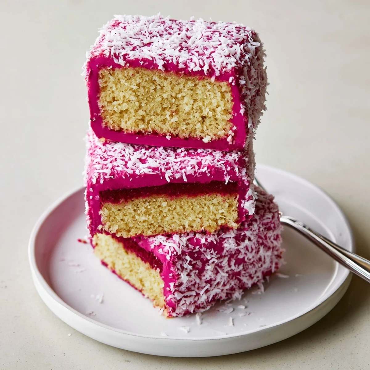 Pink raspberry lamingtons coated in fluffy coconut on a white plate