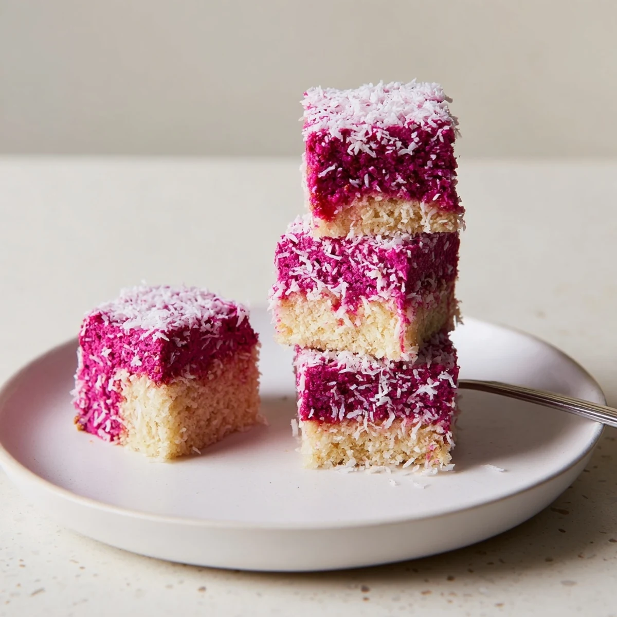 Moist sponge cake squares dipped in bright raspberry icing and topped with coconut