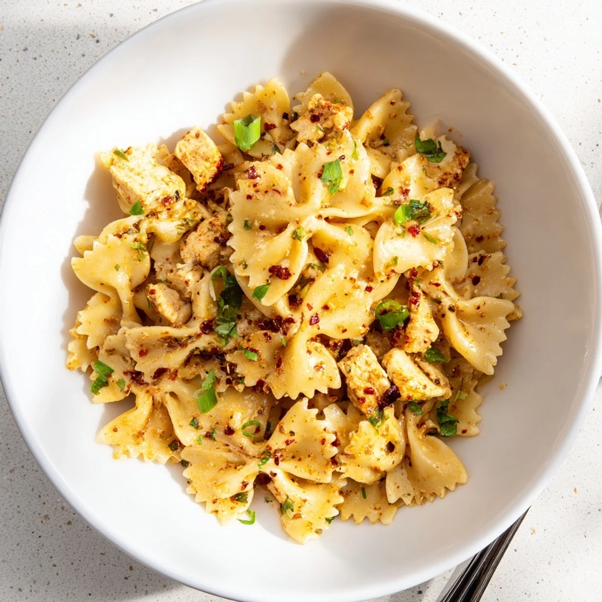 Creamy cowboy butter lemon bowtie chicken tossed in a golden herb sauce