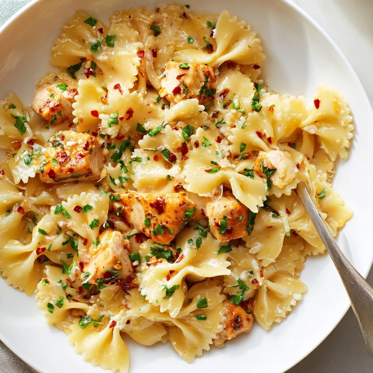 Golden seared chicken and bowtie pasta coated in zesty cowboy butter lemon sauce